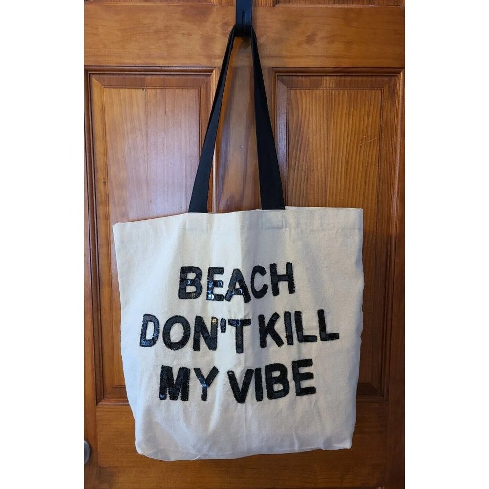 Fallon & Royce Canvas Sequin Tote Bag Beach Don't Kill My Vibe